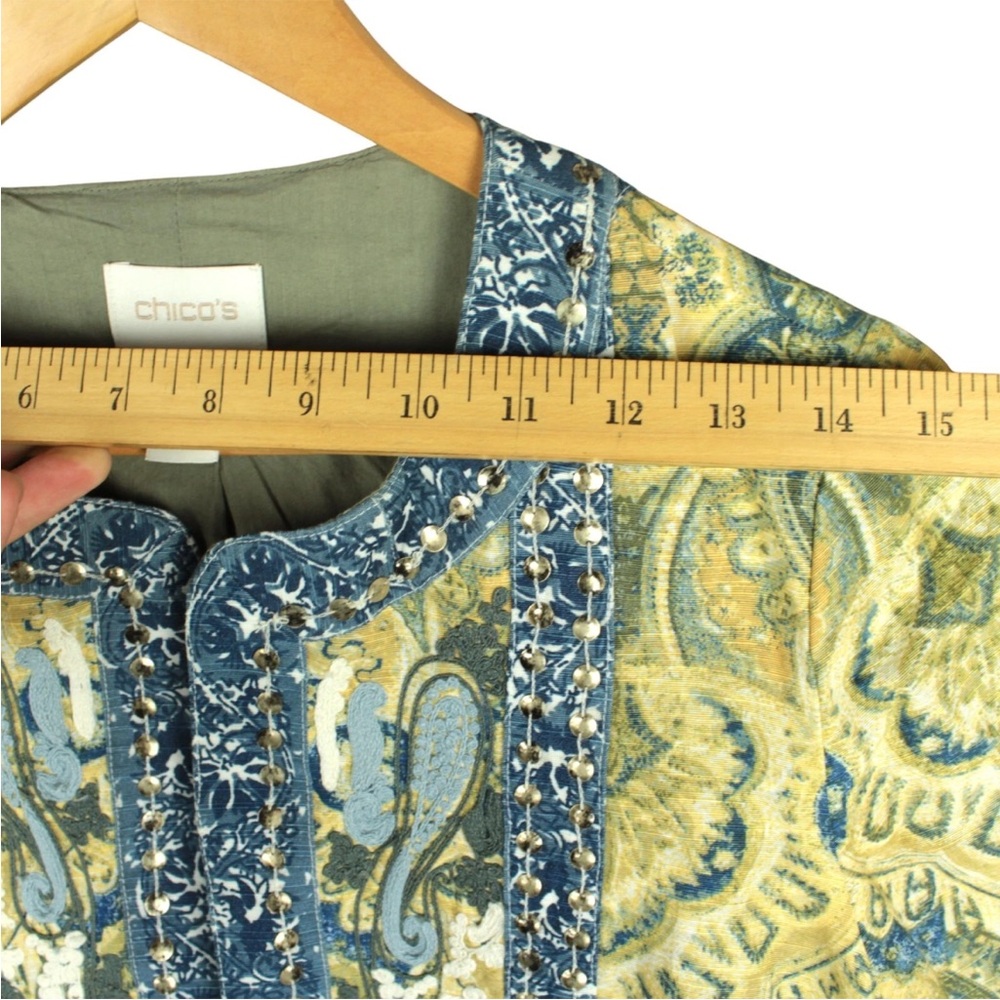 Chico's Women blazer Jacket embellished tan blue open lined Size 0 Beaded Boho - Picture 11 of 11